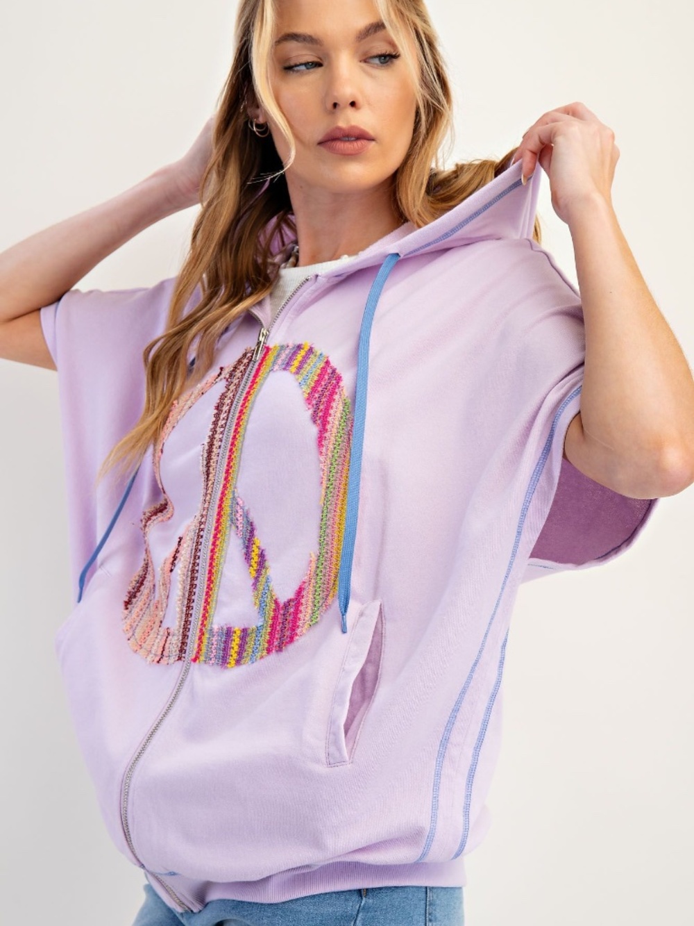Easel Lavender Peace Patch Reverse Stitch Short Sleeve Hoodie top - Picture 2 of 5
